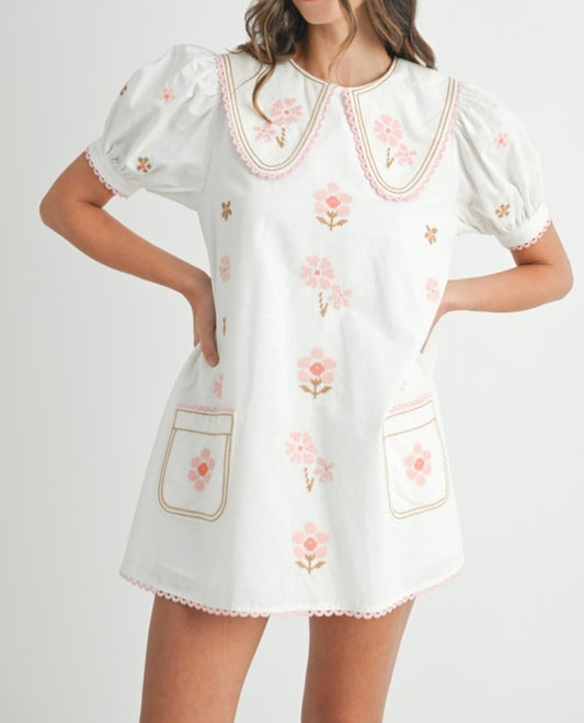 Floral Embroidered Peter Pan Collar Mini Dress