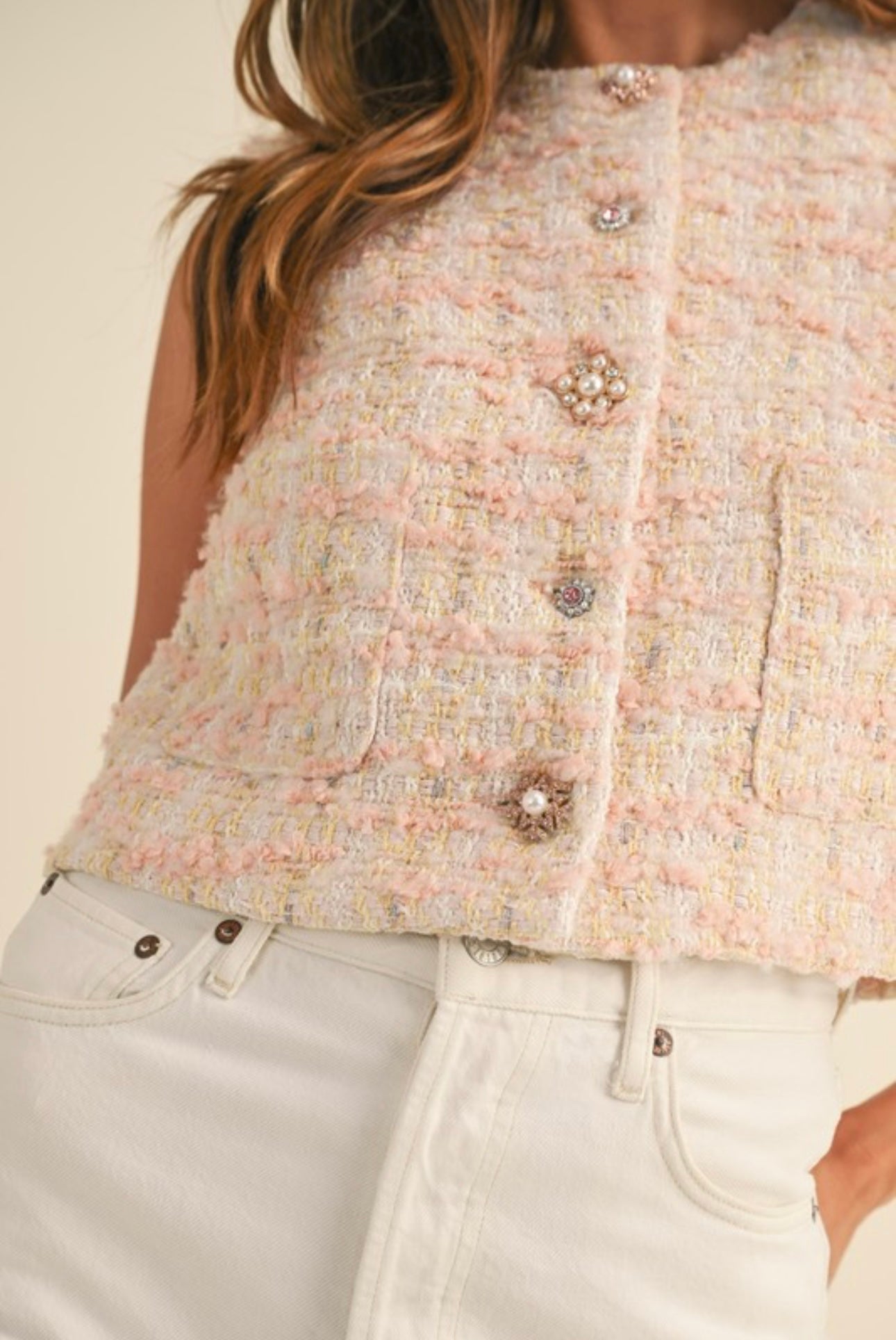 Tweed Rhinestone Button Vest