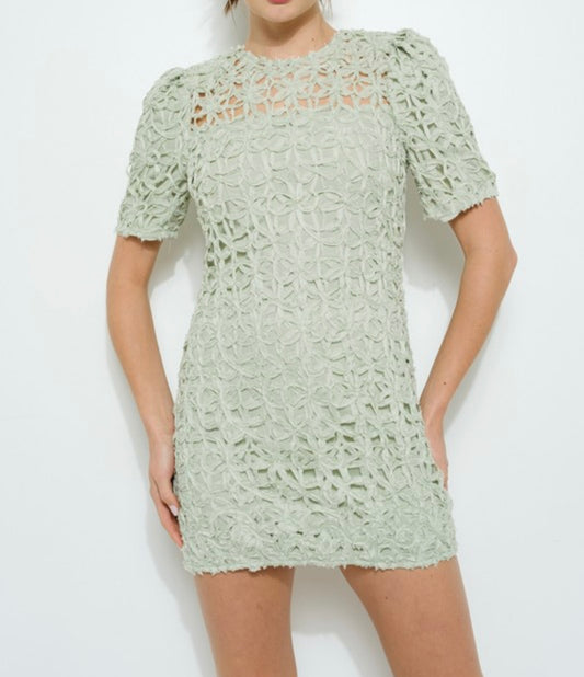 Short Puff Sleeve Crochet Lace Mini Dress